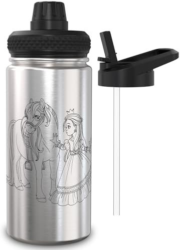 TAKWAY Isolierte Trinkflasche Kinder Edelstahl 0,5L mit 2 Aufsätzen - Auslaufsichere Edelstahl Trinkflasche mit Strohhalm 500ml - BPA frei - Schule, Sport (Prinzessin)