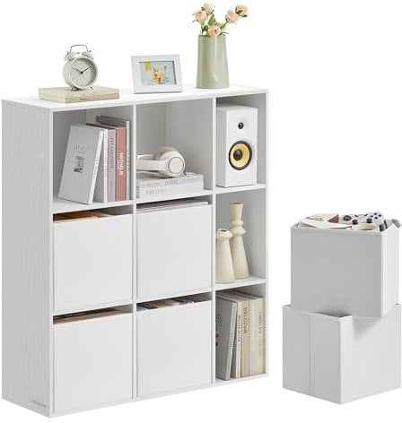 SONGMICS HOME Bücherregal, Toolless-Technologie, superschnelle werkzeuglose Montage, Regal 9 Fächer, Standregal, 6 Stoff-Schubladen, Regalsystem, 27 x 83 x 91,8 cm, schneeweiß LBC199W01