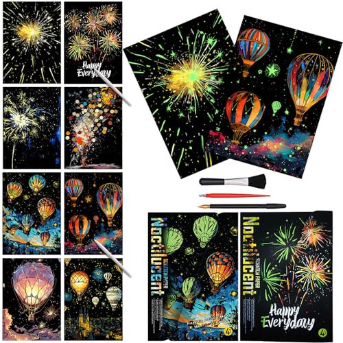 Niewalda Kratzmalerei & Kratzkarten A4 für Kinder & Erwachsene, 8 Stück Kratzkunst für Erwachsene Regenbogen-Kratzpapier, Gravur-Kunstset-(Feuerwerk und Heißluftballons)