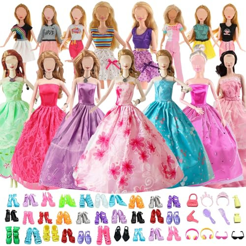 Bekleidungs und Zubehör Kompatibel mit Barbie-Kleidung, einschließlich 6 Hochzeitskleider 3 Modekleider 1 Oberteil Hose 1 Glas 1 Kopfhörer 8 Toilettenanzug 10 Paar Schuhe für 11,5 Zoll Puppen