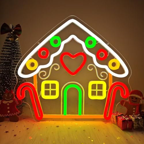 Vveikea Gingerbread Houses Neon Sign Neon Christmas Sign Dimmable Neon Lights Lighted Gingerbread House Xmas Light Up Sign Led Christmas Window Decorations