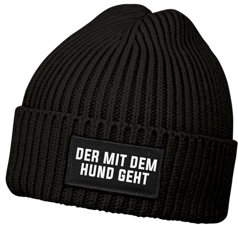 MoonWorks® Herren Beanie mit Patch Strickmütze mit Spruch Der mit dem Hund geht Aufdruck Lustig Mütze Männer