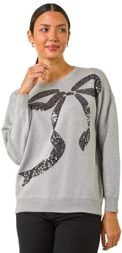 Roman Originals Women Diamante Embellished Jumper Ladies Sparkly Sequin Sweater Batwing Autumn Winter Sparkle Knit Knitwear Glittery Shiny Casual Evening Going Out Party - Grey - Size 14