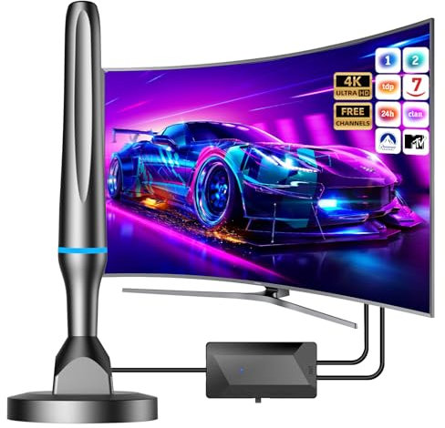 Nueva Antena TV Interior Potente para Smart TV 2025, Antena Receptora de 360° con Amplificador y Base Magnética, Compatible con VHF/UHF/DVB-T/DVB-T2 - Azul