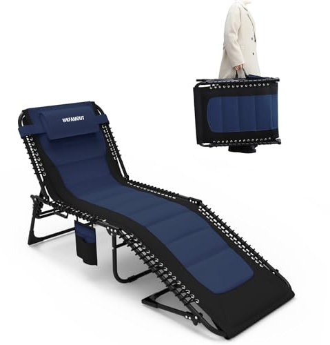 WKFAMOUT Sonnenliege Klappbar Gartenliege 5 Verstellbarer Rückenlehne Outdoor Faltbar Dreibeinliege Strandliege Campingbett bis 120KG mit Kissen Seitentasche 190x59CM Navy