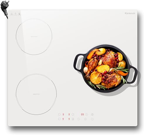 Karienvir Plaque induction 3 feux Blanc, Plaque à Induction 60cm, 3500W, avec prise, contrôle tactile, Boost, Temporizer, Verrouillage de sécurité, Isolation thermique