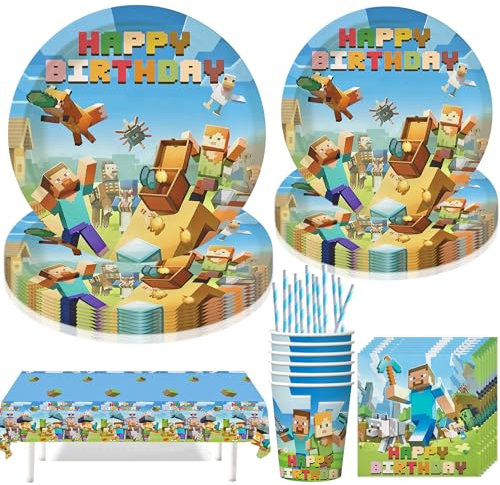 Jiahuade Partygeschirr Set,61 Stück Partygeschirr Kindergeburtstag,Kindergeburtstag Geschirr Set,mit Pappteller Becher Servietten Tischdecke Strohhalme,Party Geschirr für 10 Gäste