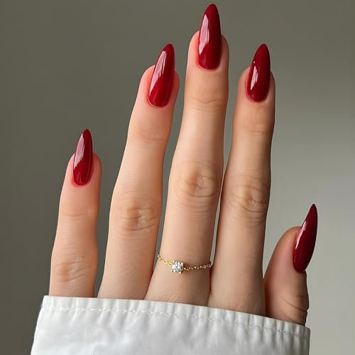 MOTIBACK Almond Press On Nails - 24PCS Medium Length False Nails with Jelly Glue, Almond Stick on Nails for Women, Wine Red