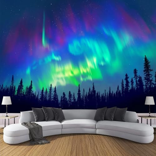 JSCWDET 3D Effect Wall Panels Textured Wallpaper Green Northern Lights Scene Effect Wallpaper Lush Pine Trees Wallpapers Neutral Art Deco for Living Room Feature Wall Bedroom Ceilings 350 × 256 Cm