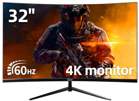 ZZA - 32 Curved Gaming Monitor, 60Hz 4k UHD (3840x2160P) VA Display, 3000R, Computer Monitor, AMD Freesync Compatible, 120% sRGB, Built-in Installations for