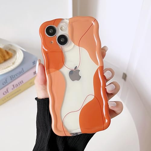 DEFBSC for iPhone 14 Case Cute Clear Wavy Curly Design,Orange | Wave Frame Colour Mix Aesthetic Pattern Durable Stylish Shockproof Soft Phone Cover for Women Girls Full Camera Protection