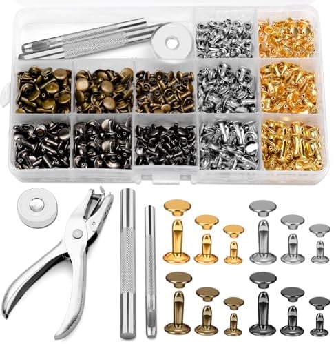 Reovin 240 Set Leder Nieten Set, 3 Größen Nieten Mit Installationswerkzeuge | 3 Größen Doppelkappennieten, 4 Farben Ledernieten Hohlnieten Für LederBastelarbeiten, Kleiderdekoration Reparatur