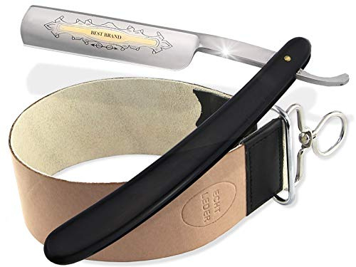 InstrumenteNrw Rasiermesser Set 2-Teilig mit Streichriemen und Bartmesser | Rasiermesserklinge mit Goldätzung Hängeriemen aus echtem Rindleder & Wildleder 45 cm
