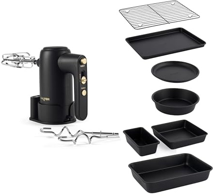 Salter Alchemy Hand Mixer & Bakeware Set - Easy-Store Hand Mixer with 5 Speed Settings and 300W Power, Storage Base Included, Stackable 7-Piece Non-Stick Bakeware Set, PFOA Free, Compact Storage