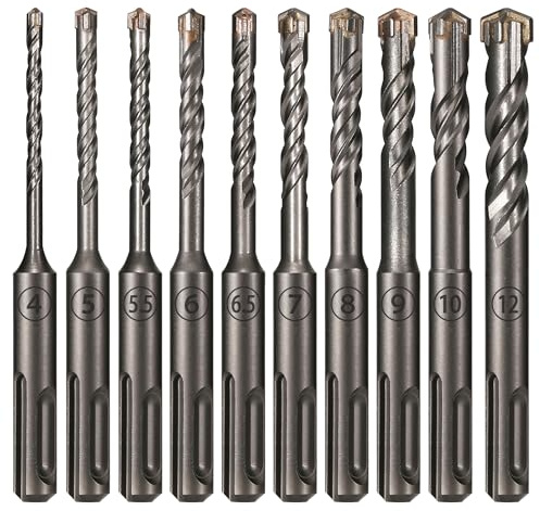 Vearter 10 brocas SDS PLUS para martillo perforador, 4 cortes, diámetro de 4-12 mm x 110 mm, YG8C punta de metal duro para piedra, hormigón, ladrillo, mampostería