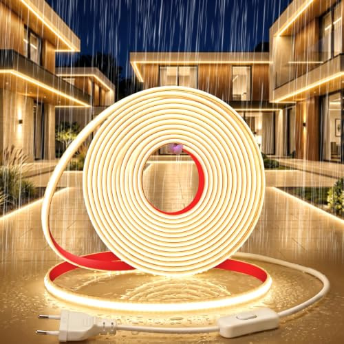 YOODI 230V COB LED Streifen 10M Neutral Weiß 4000K Outdoor Wasserdicht IP65 | Selbstklebend Neon LED Strip 230V 8mm Breit Silikon 320LEDs/M Flexibel Schneidbar Leiste CRI90+ mit Schalter für Innen Außen