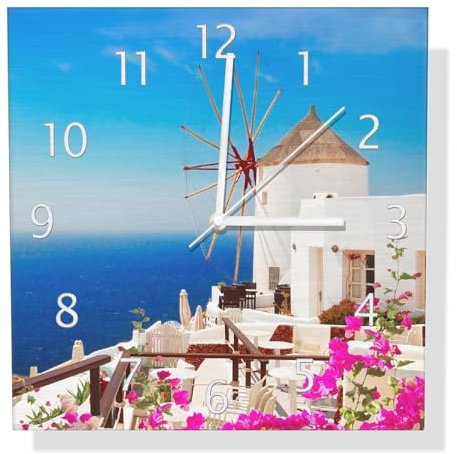 Wallario Design Wanduhr Windmühle über azurblauem Meer aus Aluverbund, Alu-Uhr Größe 30 x 30 cm, weiße Zeiger mit Metalloptik