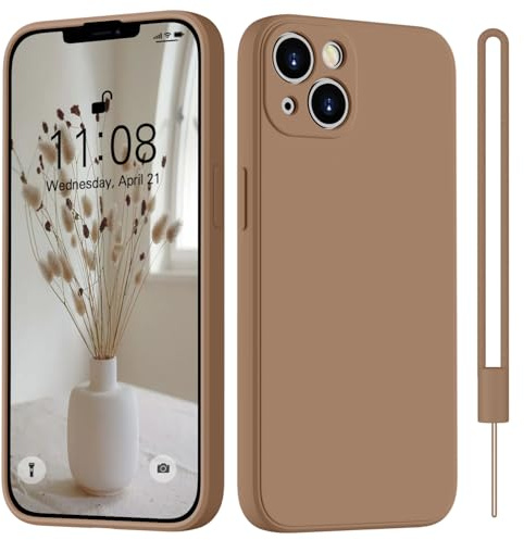 HGH für iPhone 13 Hülle Silikon mit Lanyard, Ultra Dünne Rundumschutz mit Weichem Microfiber-Innenfutter Kratzfest Handyhülle für iPhone 13 6.1 -Braun