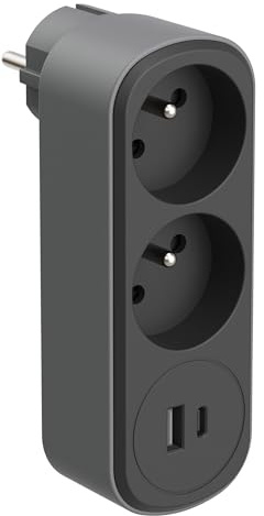 Electraline 531203 Adaptateur Fiche Multiprise Biplite Prima 2 Prise 16A avec 2 USB (1 type A+ 1 type C) 17W, Noir/Gris