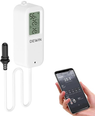 DEWIN WLAN Thermometer Hygrometer Innen Außen mit LCD-Display, Tuya WiFi Temperatursensor mit Externer Sonde für Aquarien