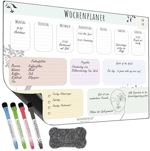 Rosenfeld Magnetischer Wochenplaner Whiteboard - Abwischbare Magnet-Tafel für den Kühlschrank inklusive 4 magnetischer Marker und Radierer (Bunt)