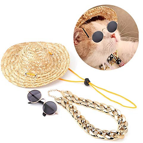 Fdit Gold Hundehalsband Hund Sonnenbrille Hund Goldene Kette Haustier Lustige Kostüm Halskette Kette Sonnenbrille für Haustier Katzen Welpen Kleiner Hund Mode Dekor