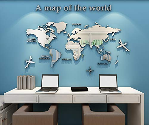 Wandaufkleber Wandtattoo 3D DIY Weltkarte Sticker Familie Wandbilder Wandkunst für Hause Wohnzimmer Schlafzimmer (Silber,L:180x100cm)