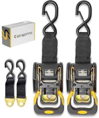Strappino 2 Stück einziehbare Ratschengurte, Bündel (je 4,2 x 1,2 m), sichere Spanngurte mit 2 Verlängerungsgurten und BolzenSet, Sicherheitsriegel Shaken für den täglichen Gebrauch,