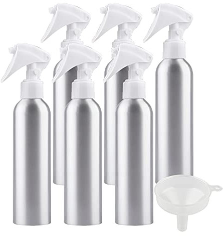 ZEOABSY 6 Pezzi Vuoto 250ml Spruzzino con Flacone in Alluminio, Spruzzatore per Acqua in Alluminio, Bottiglia con Erogatore Spray Bianco per Parrucchieri, Giardino, Casa + 1 Pezzi Imbuto
