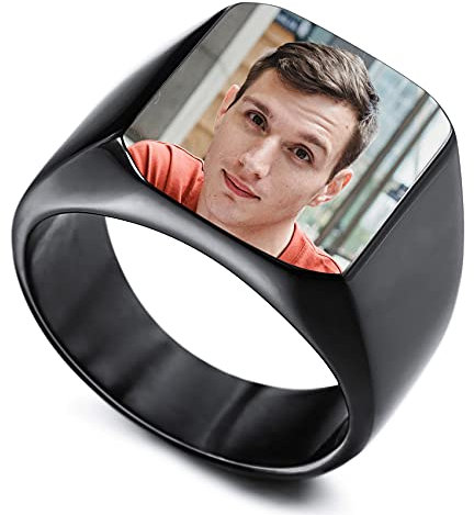 MunkiMix Personalisierter Edelstahl Siegelring Personalisierter Farbfoto für Männer Frauen Paare Beste Freunde mit Ringgrößenverstellung (Schwarze Farbe Größe 76)