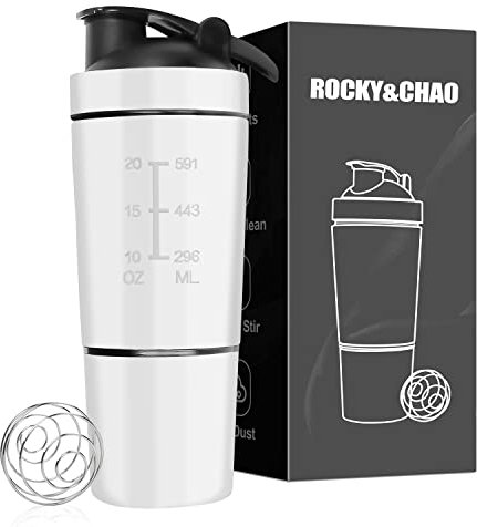 ROCKY&CHAO Edelstahl Protein Shaker, 700+200ml Double Wall Rührgerät mit Pulverfach und Kugel, Shaker Eiweiß Sport Fitness (Weiß)