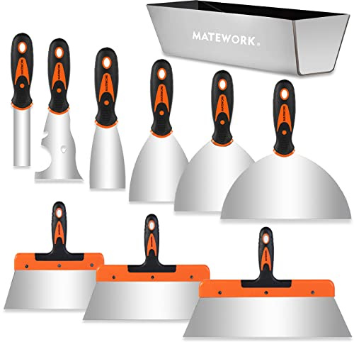 MATEWORK Putty knife,10 Piece Stainless Steel Paint Scraper Tool Set,14 Mud Pan for Repairing Drywall, Removing Wallpaper, Applying Putty, Plaster, Cement, Adhesive