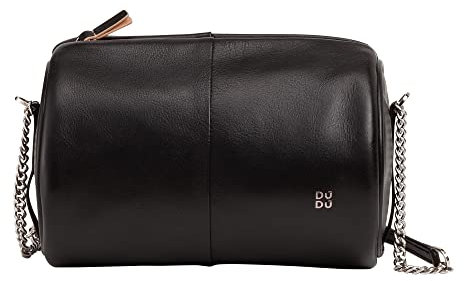 DuDu Barell -Ledertasche, Umhängetasche mit Kette und Leder, stilvolle Mode kleine zylindrische Tasche mit Reißverschluss Schwarz