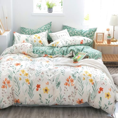 KEAYOO Blumen Bettwäsche 155x220 mit Reißverschluss - 80x80 Kissenbezug -Grün Weiß Tolle Baumwolle Bettwäsche für Sommer bis Winter (155x220cm, Geblümt A)
