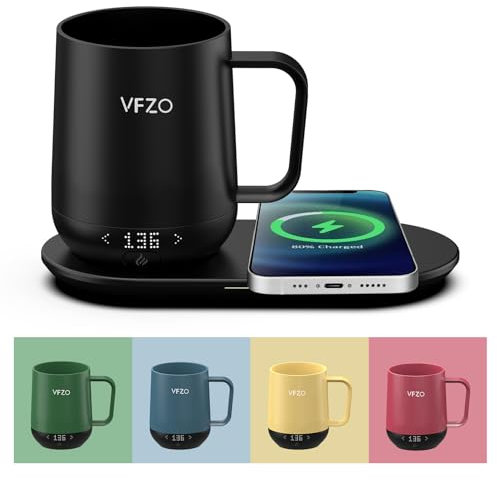 VFZO Temperature Control Smart Mug, Self Heating Coffee Mug LED Display, 180 Min Battery Life - Hot up to 149℉ Fast Wireless Charger Base Improved Design Coffee Serving Sets Mug(12oz, Black)