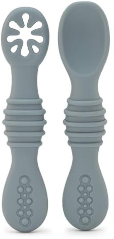 BABYZOCO PreCucharas bebe, Cucharas bebe, Cucharas BLW, Cubiertos de iniciación, Set de cucharas Aprendizaje bebe, Antibacteriana, Ergonómicos, Desde 0 meses hasta 18 meses, Silicona, Azul Pastel