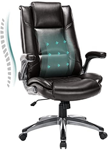 COLAMY Bürostuhl aus Leder – hohe Rückenlehne, Computer-Schreibtischstuhl mit gepolsterten Klapparmen, verstellbarer Neigungsverriegelung, ergonomischer Drehstuhl für Erwachsene, Arbeiten, Studium,