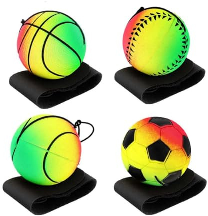 CHUANGOU 4 Pack Wrist Return Ball, Rubber Rebound Ball on a String Sports Wrist Ball Including Basketball, Baseball and Football