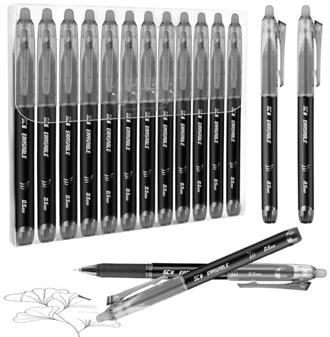 Radierbarer Kugelschreiber Tintenroller, 12 Stück 0,5mm Erasable Pen Löschbarer Gelstift für das Schreiben Journaling Zeichnung Kunstwerk Home Office Schule Briefpapier Zubehör (Schwarz)
