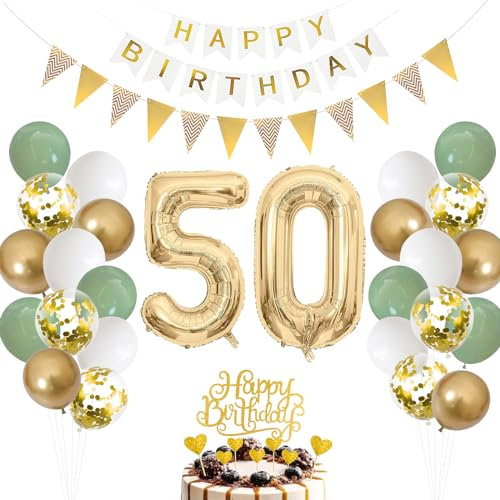 50. Geburtstag Deko Salbeigrüne - Luftballon für Männer und Frauen, Ballon Grün Weiß Gold, Zahl 50 Folienballon, Tortendeko für Dekoration