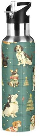 Niigeu Cani A Quadri Natalizi Con Griglia Bottiglia Acqua Acciaio Inox, Isolato Borraccia Termica Senza BPA per Bevande Calde e Fredde per Bambini Sport Ciclismo Scuola (600ml/1L)
