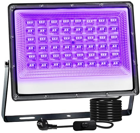 UV Schwarzlicht Strahler 100W, LED Schwarzlichtlampe IP66 Wasserdicht UV Fluter mit Stecker, Flutlicht für Glow Party, Blacklight Party, Bar, Disco