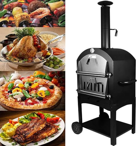 DKPLOE Forno per Pizza Portatile da Esterno Comodamente Mobile con Due Ruote Barbecue Carbonella Termometro Incorporato Adatto per Cortile Campeggio Parco Cottura all'aperto