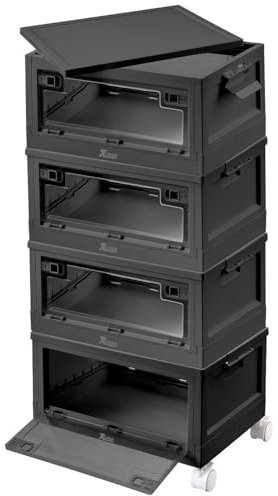 Xcase Camping Boxen: 4er-Set Faltbare Aufbewahrungsboxen mit Deckel, 4 Rollen, 45l, schwarz (Aufbewahrung Boxen mit Deckel groß, Faltboxen mit Kunststoff, Schuhregal)