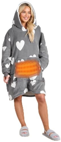 OHS Heated Oversized Hoodie Hearts Print, Electric Sherpa Lined Fleece Womens Plush Soft Jumper Wearable Throw Valentine Gifts for Her - Charcoal Grey, WITH POWERBANK