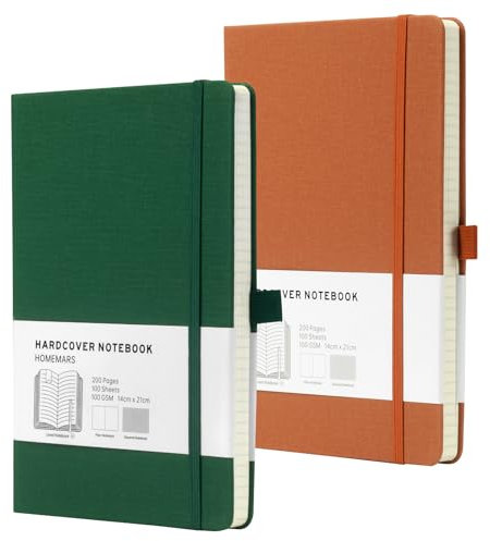 HOMEMARS Notizbuch, Notebook, A5 Kariert, Journal buch, Notizblock A5, Notizblock, 100GSM, 200 Pages, 2 Stück, Notizbuch Kariert, Hardcover, Grün Braun