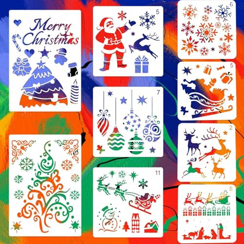 9 Piezas 3 Tamaños Plantillas de Stencil de Navidad, Plantillas Navidad Spray para Ventanas Decorar Pintar Manualidades Grandes Pequeñas, Plantilla Dibujo Arbol Reno Copo de Nieve Navideñas Niños