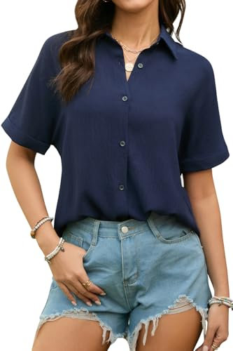 Stamain Blouses for Women UK Short Sleeve Button Down Womens Shirts and Blouses Summer Loose Fit Casual Ladies Shirts Navy Blue L
