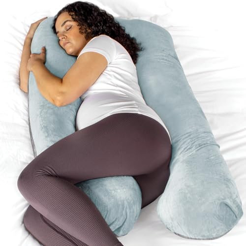 Aamira Blue & Dark Grey Two-tone Pregnancy Pillow, U Shaped Shredded Memory Foam Maternity Pillow, Full Body Support Pregnancy Pillows for Sleeping, Machine Washable & Removable Velvet Cover