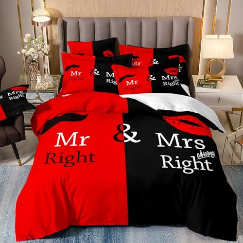 Freyamy Partner Bettwäsche 135x200cm 4teilig Rot Schwarz Weiß Mr.&Mrs. 3D Bettwäsche für Paare Mikrofaser Pärchen Bettwaren-Sets Liebhaber Bettbezug mit Reißverschluss und 2 Kissenbezug 80x80cm